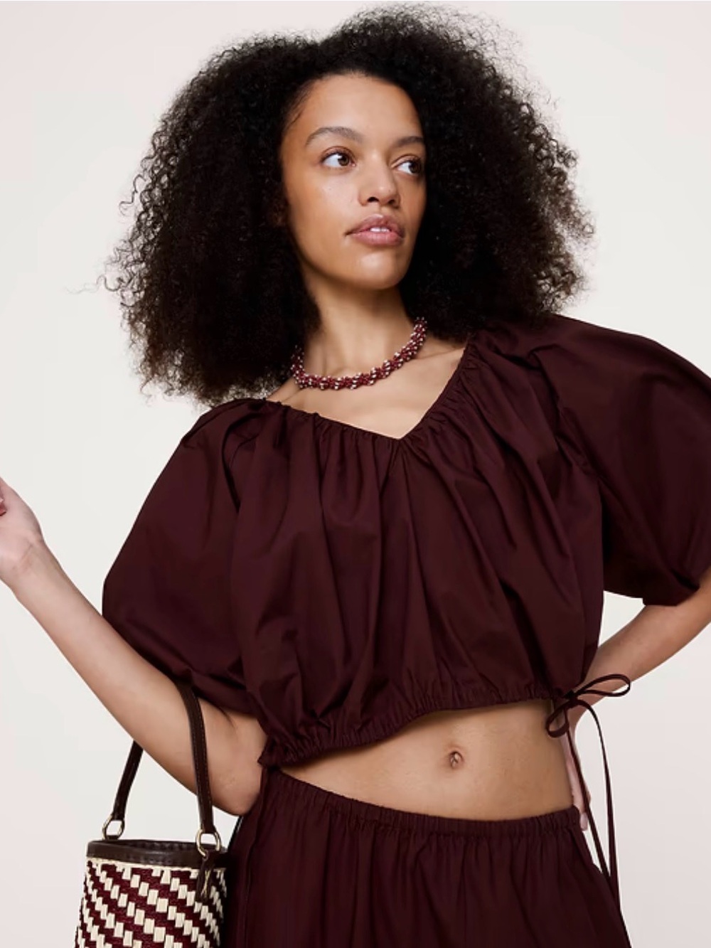 NWOT Banana Republic Cotton Poplin Bubble Hem Cropped Burgundy Brown Top Sz XS